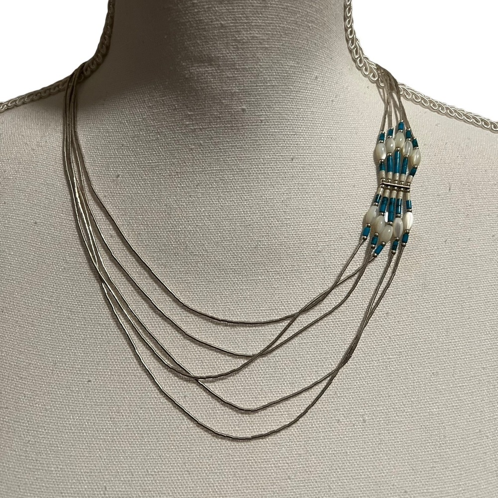 Sterling Silver Necklace With‎ MOP & Turquoise 5 Strands Southwestern Bohemian